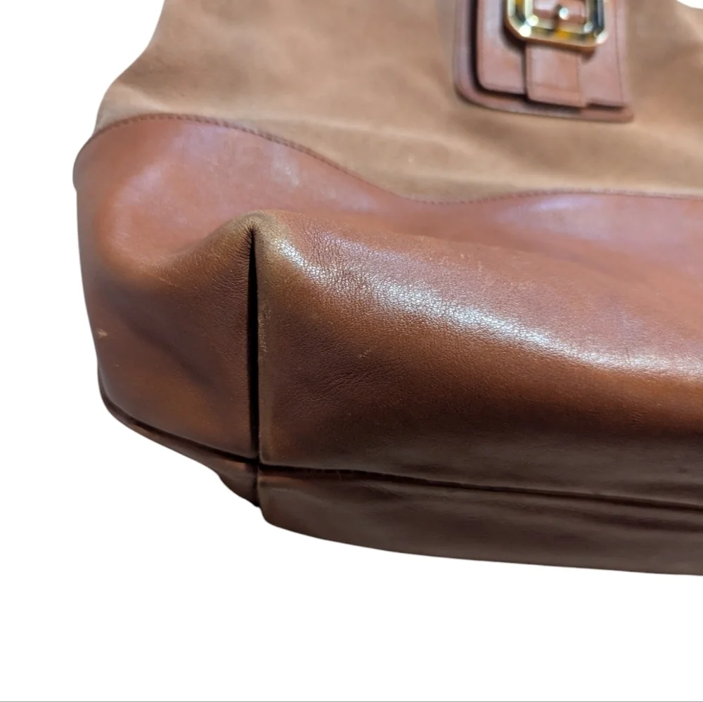 Talbots Camel Tan Leather Suede Hobo Bag Tortoiseshell Buckle Neutral